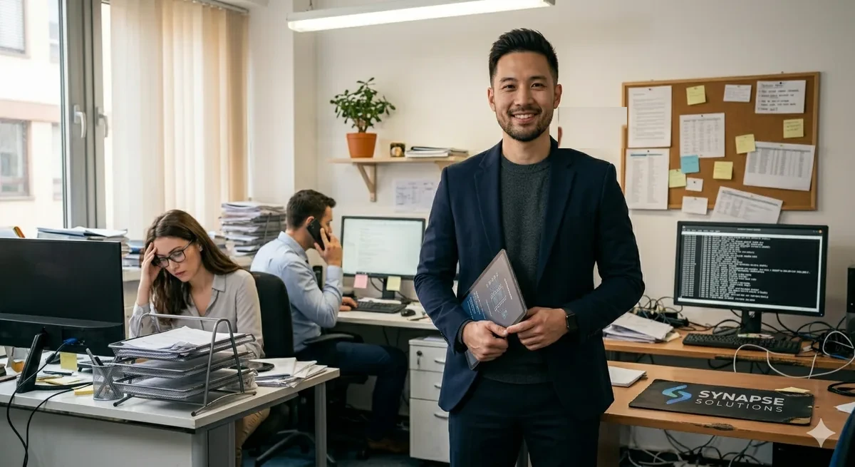 Friendly support specialist on a video call with a small business owner